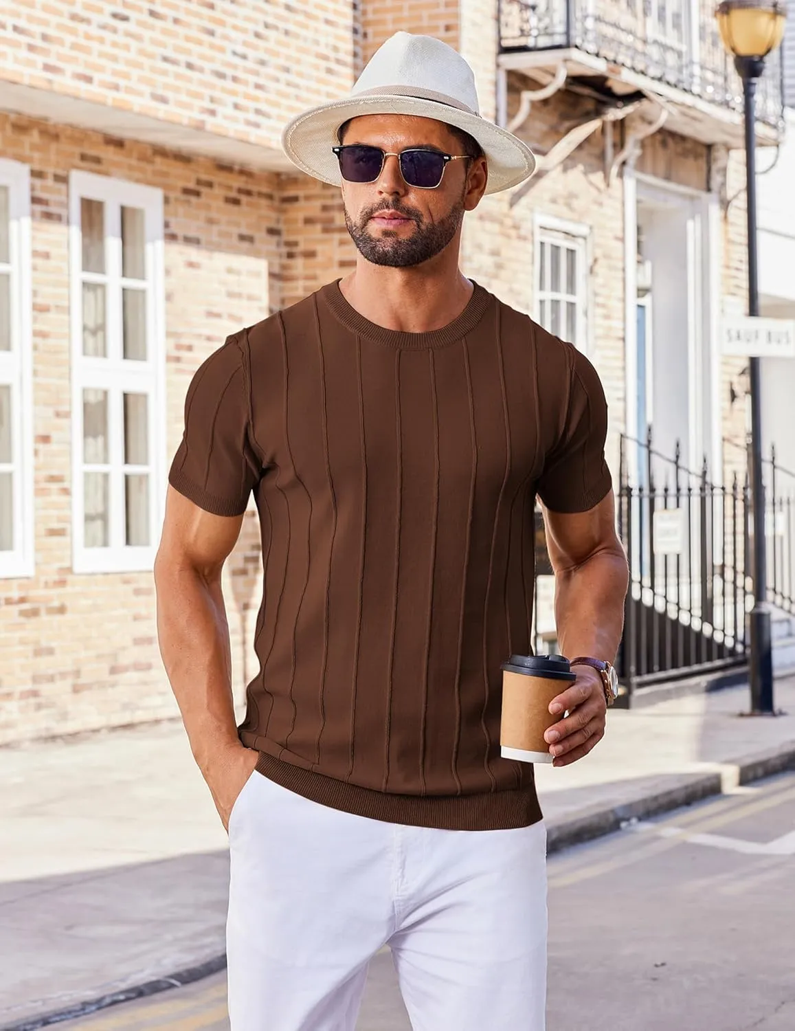 COOFANDY Men's T- Shirts Short Sleeve Knit Sweater Shirt Casual Crewneck Ribbed Pullover Tees