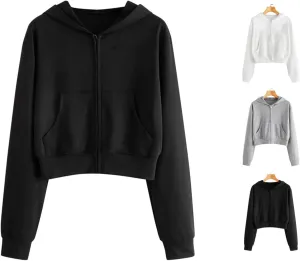 cooki Cropped Hoodies for Teen Girls Hoodies for Women Long Sleeve Solid Sweatshirts with Pockets Casual Crop Pullover Hoodie