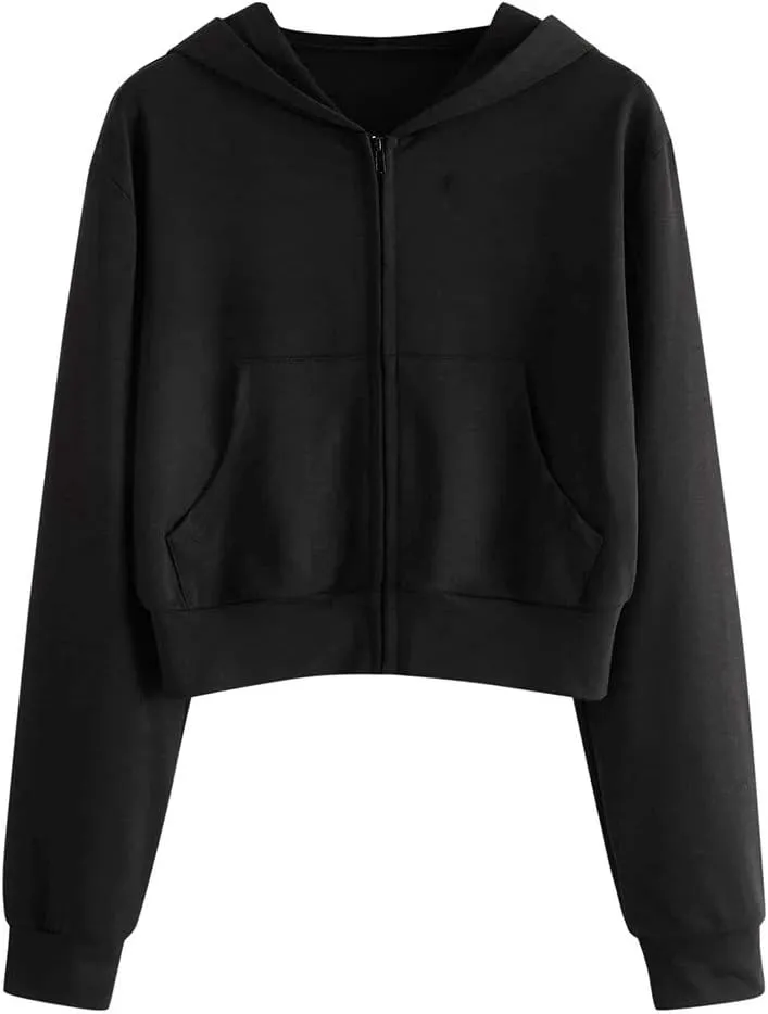 cooki Cropped Hoodies for Teen Girls Hoodies for Women Long Sleeve Solid Sweatshirts with Pockets Casual Crop Pullover Hoodie