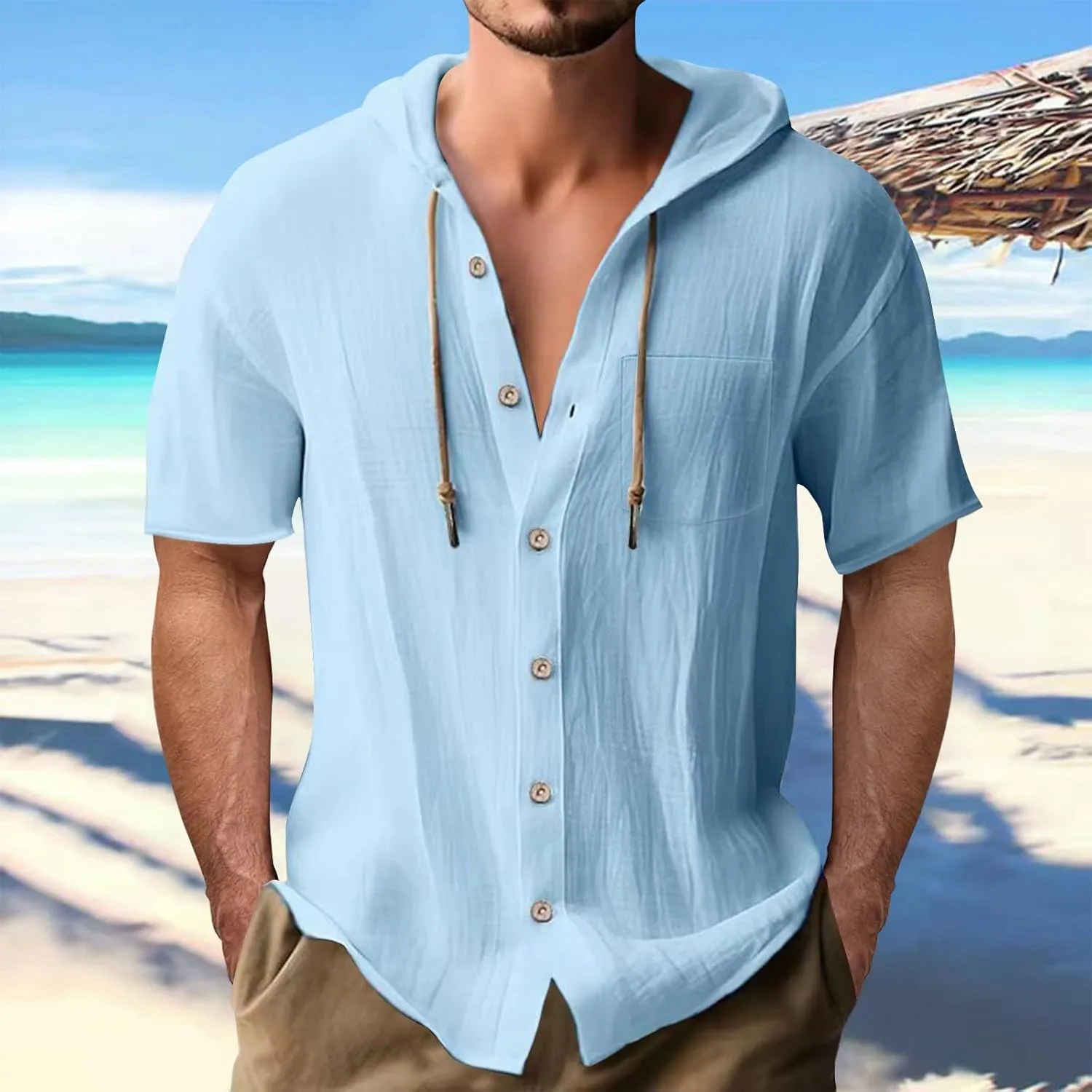 Cotton Linen Hoodie Shirts for Men V Neck Button Down Hooded Pullover Lightweight Summer Casual Hawaiian Beach Yoga Shirts