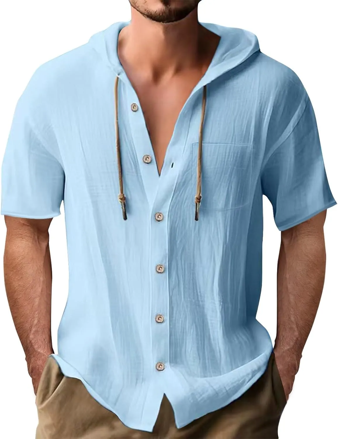 Cotton Linen Hoodie Shirts for Men V Neck Button Down Hooded Pullover Lightweight Summer Casual Hawaiian Beach Yoga Shirts