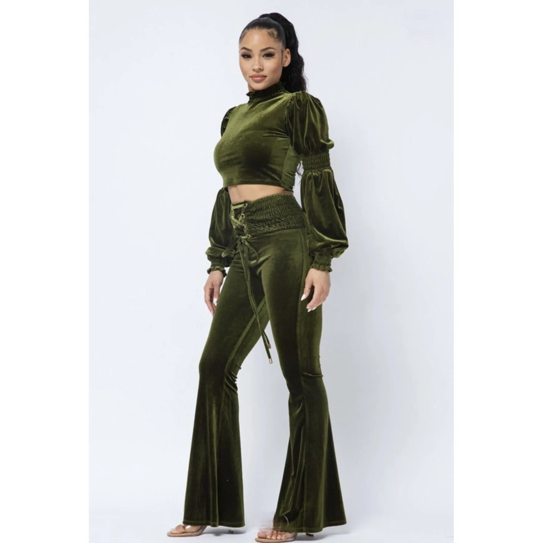 Crushed Velvet Pant Set - Dark Green