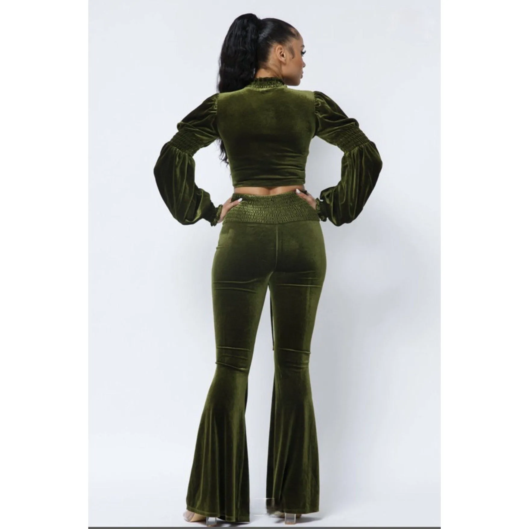 Crushed Velvet Pant Set - Dark Green