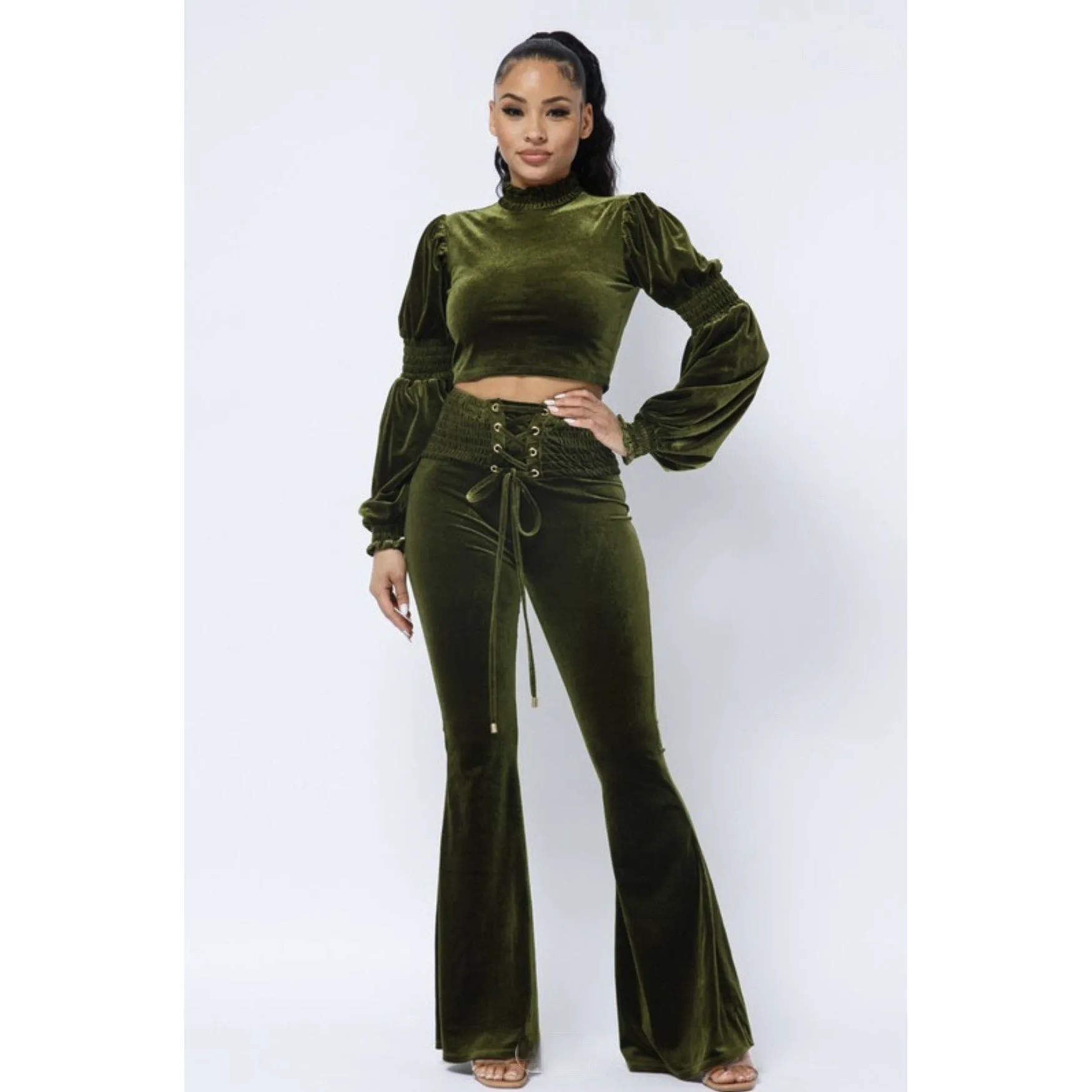 Crushed Velvet Pant Set - Dark Green