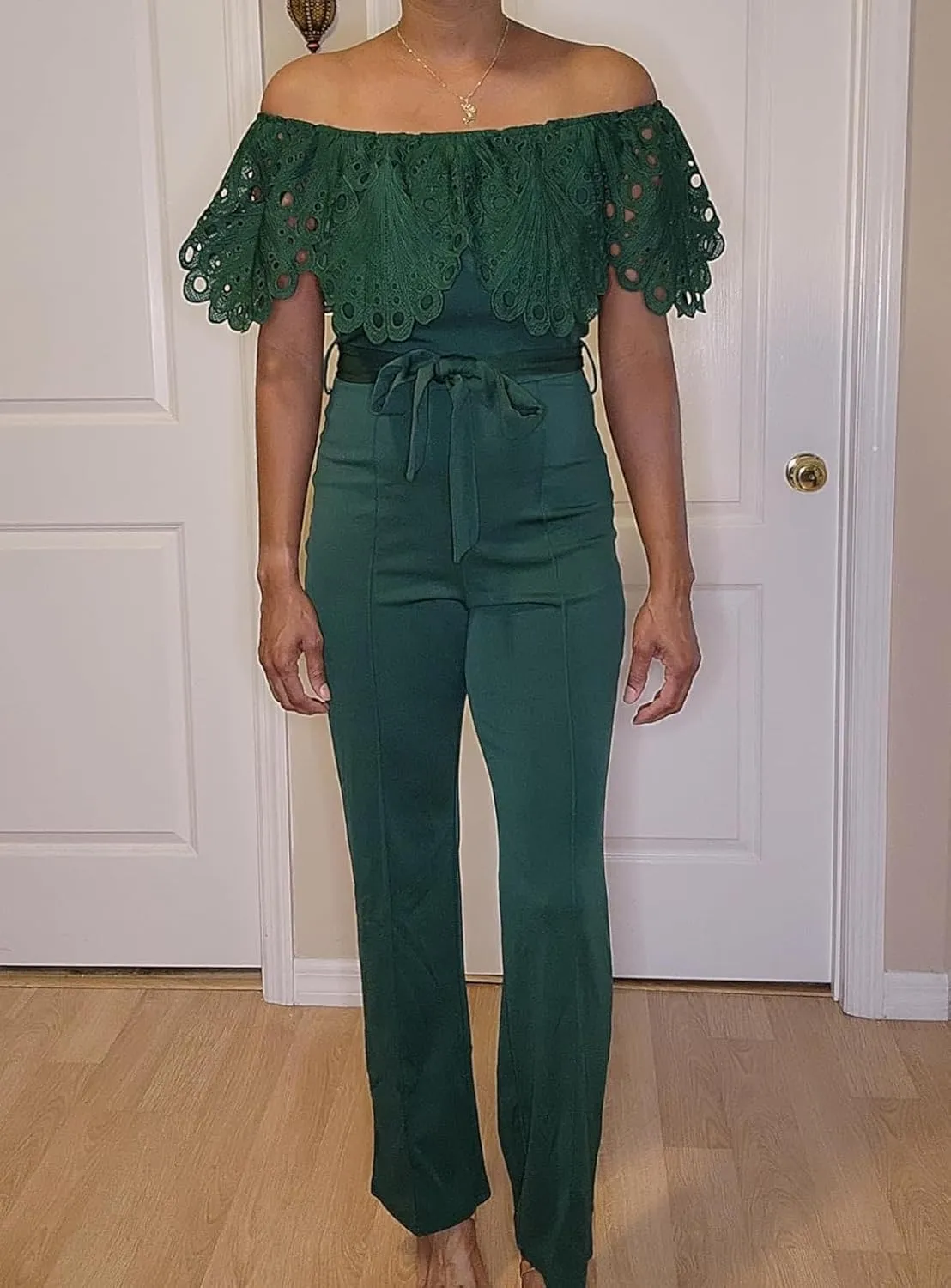 CutieLove Women's Sexy Off Shoulder Solid Jumpsuits Casual Wide Leg Long Pants One Piece Jumpsuits with Belt