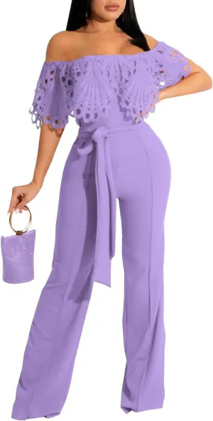 CutieLove Women's Sexy Off Shoulder Solid Jumpsuits Casual Wide Leg Long Pants One Piece Jumpsuits with Belt