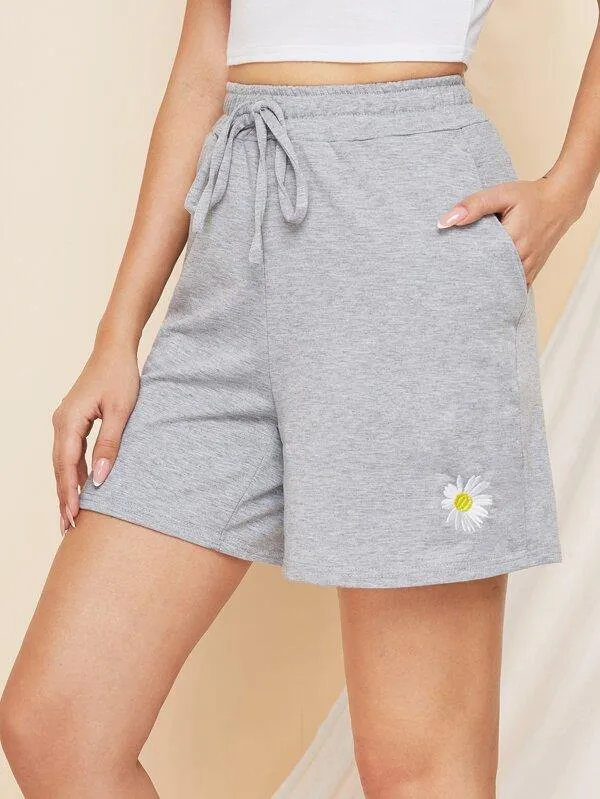 Daisy Embroidery Tie Front Track Shorts