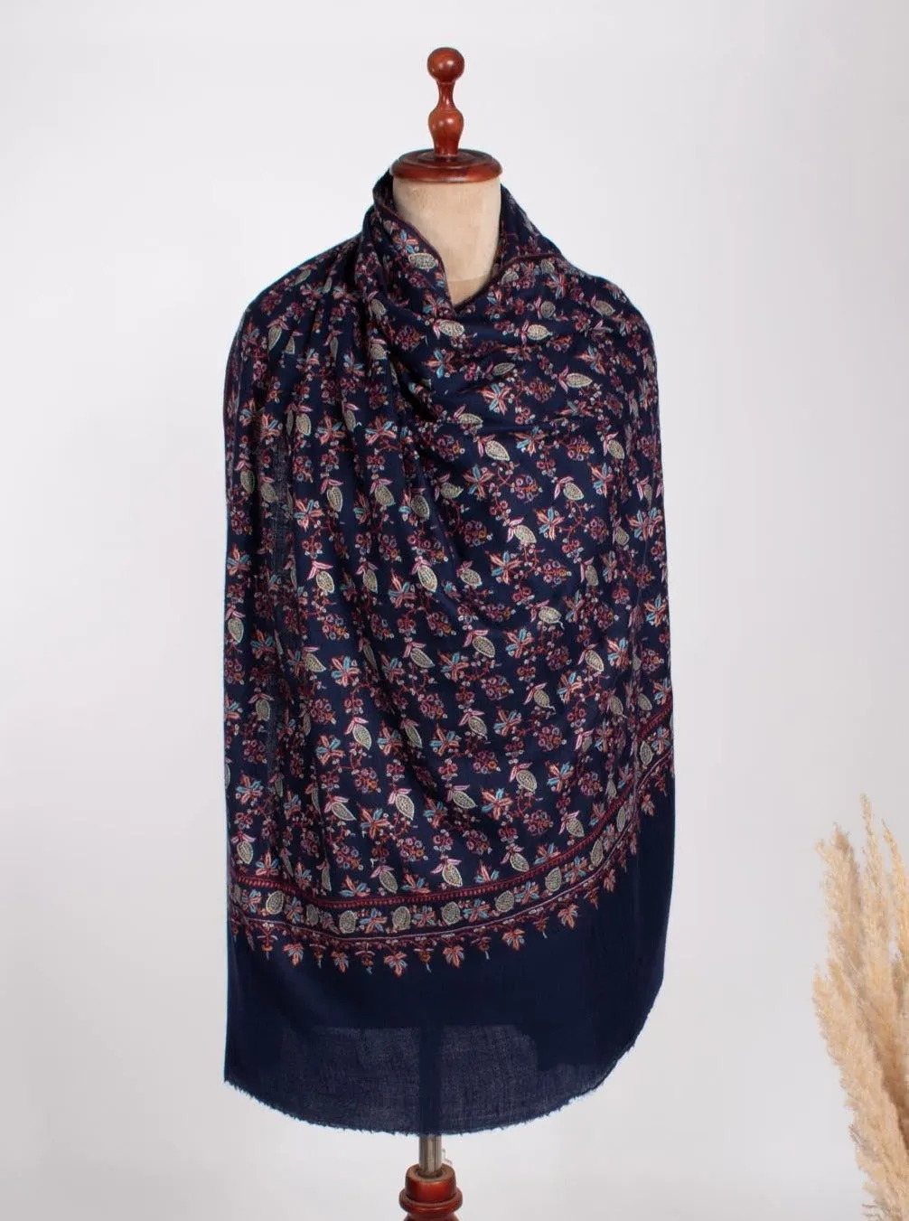 Elegant Dark Blue Handcrafted Pashmina Shawl - PETALUMA Collection