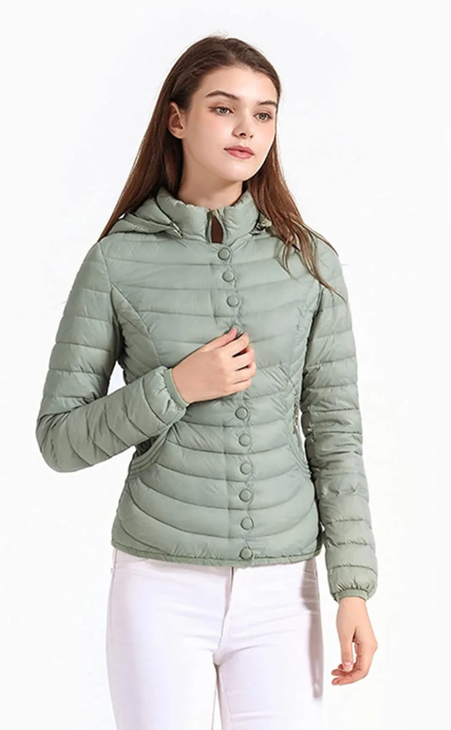 DGHM-JLMY Women Buttons Retro Short Cotton-Padded Jacket Slim Detachable Hood Winter Coat Quilted Thicken Puffer Jacket