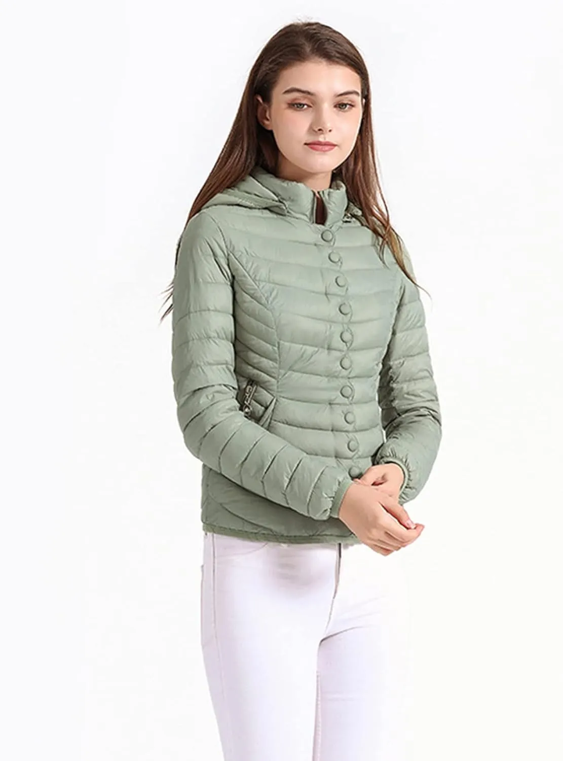 DGHM-JLMY Women Buttons Retro Short Cotton-Padded Jacket Slim Detachable Hood Winter Coat Quilted Thicken Puffer Jacket
