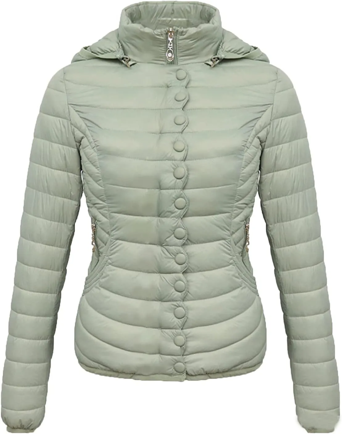 DGHM-JLMY Women Buttons Retro Short Cotton-Padded Jacket Slim Detachable Hood Winter Coat Quilted Thicken Puffer Jacket