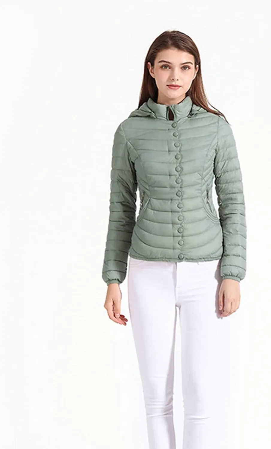 DGHM-JLMY Women Buttons Retro Short Cotton-Padded Jacket Slim Detachable Hood Winter Coat Quilted Thicken Puffer Jacket