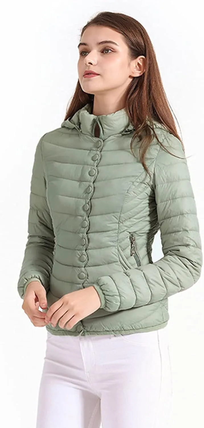 DGHM-JLMY Women Buttons Retro Short Cotton-Padded Jacket Slim Detachable Hood Winter Coat Quilted Thicken Puffer Jacket
