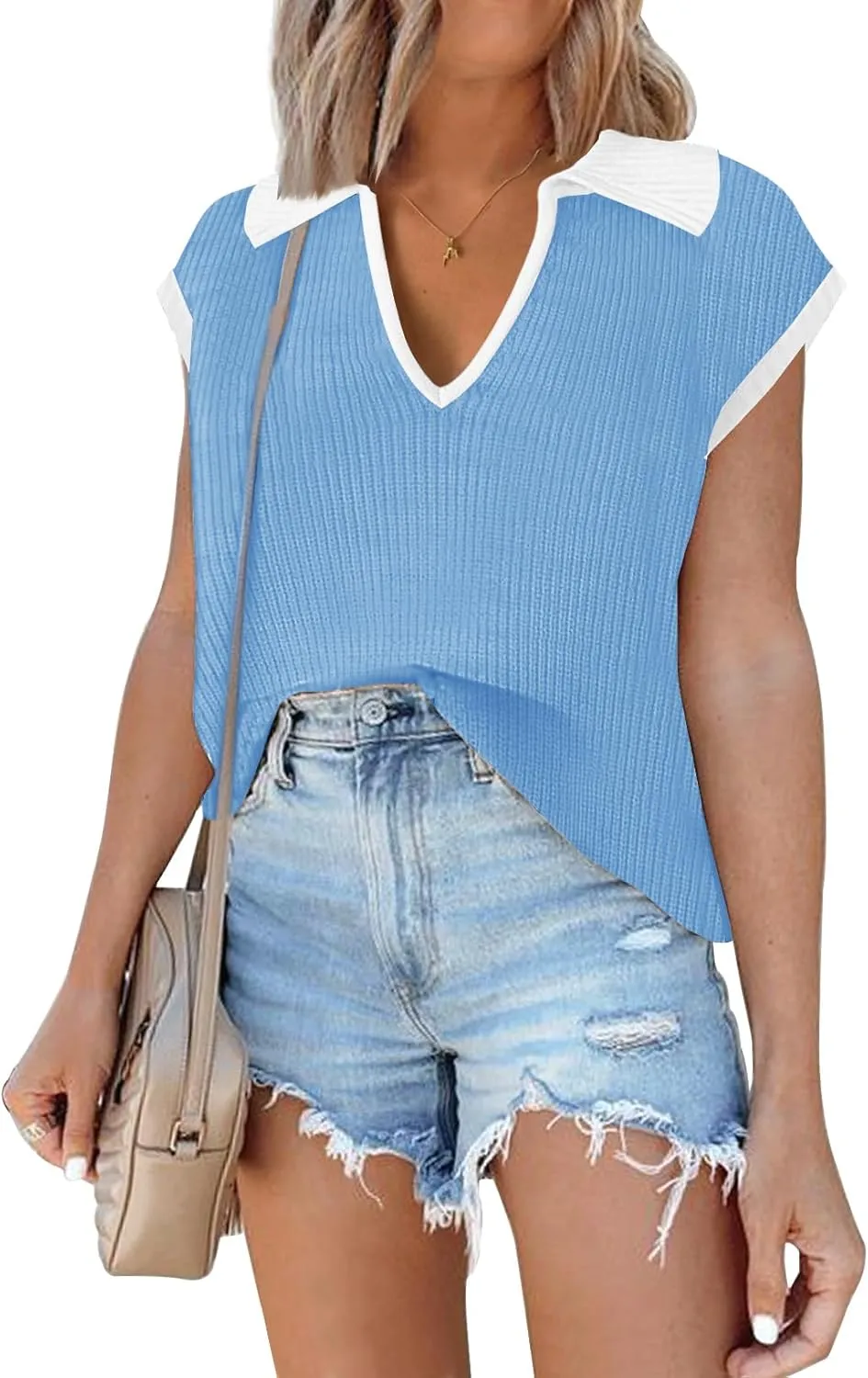 Disamer Short Sleeve Sweater for Women 2025 Spring Fashion Striped Sleeveless Vest Casual Tank Tops Summer Shirts