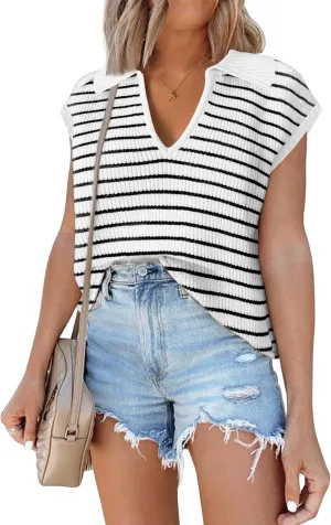 Disamer Short Sleeve Sweater for Women 2025 Spring Fashion Striped Sleeveless Vest Casual Tank Tops Summer Shirts