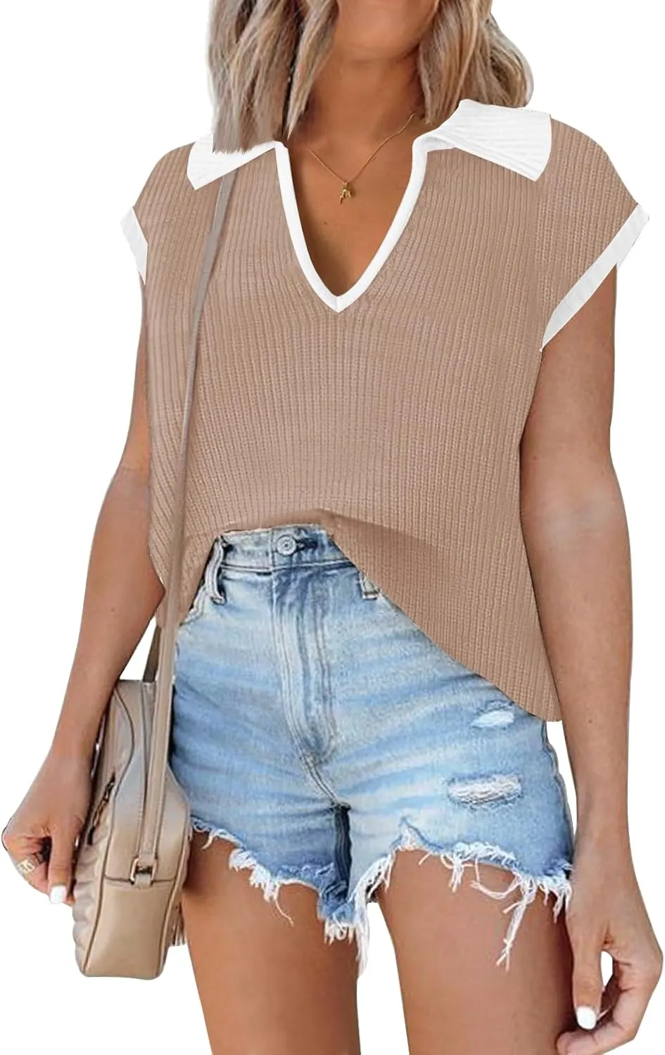 Disamer Short Sleeve Sweater for Women 2025 Spring Fashion Striped Sleeveless Vest Casual Tank Tops Summer Shirts