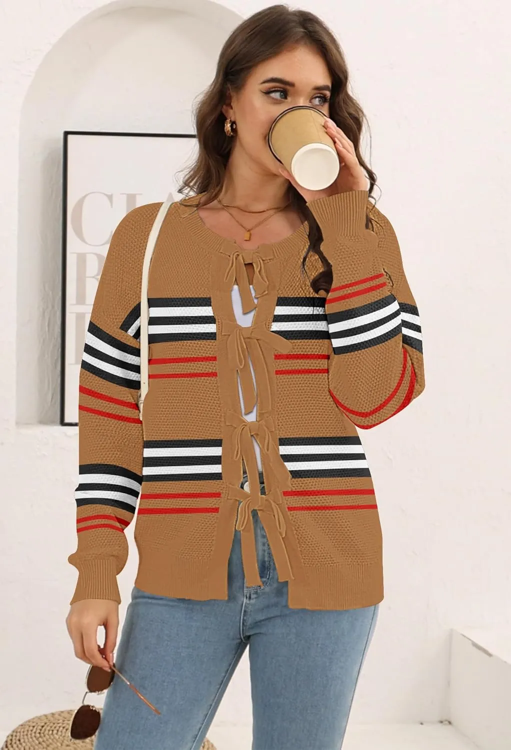 Disamer Women's 2025 Knit Cardigan Sweaters Fall Clothes Long Sleeve Fashion Casual Y2k Tie Open Front Cropped Jackets