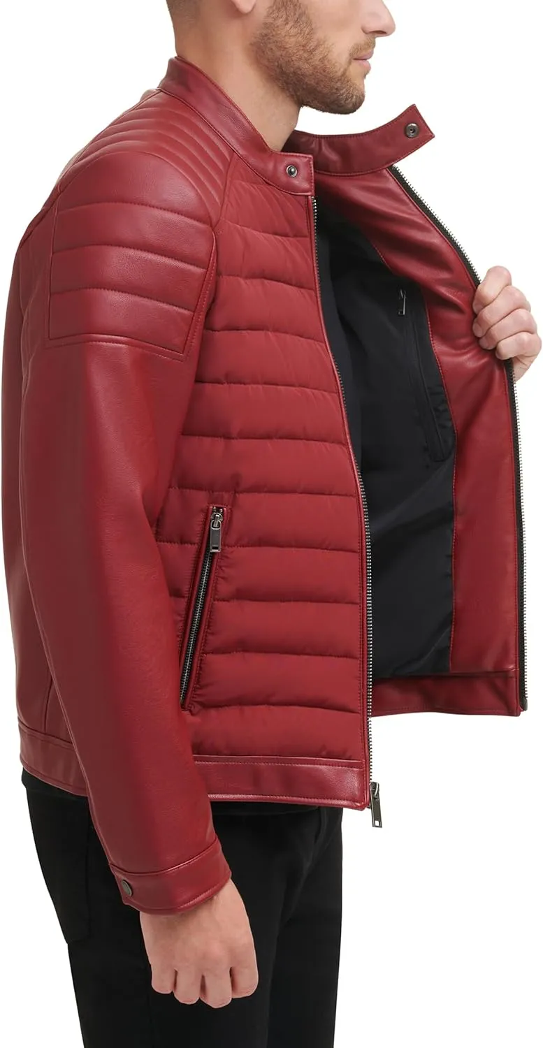 DKNY Men's Mixed Media Faux Leather Puffer Motocros Racer Jacket