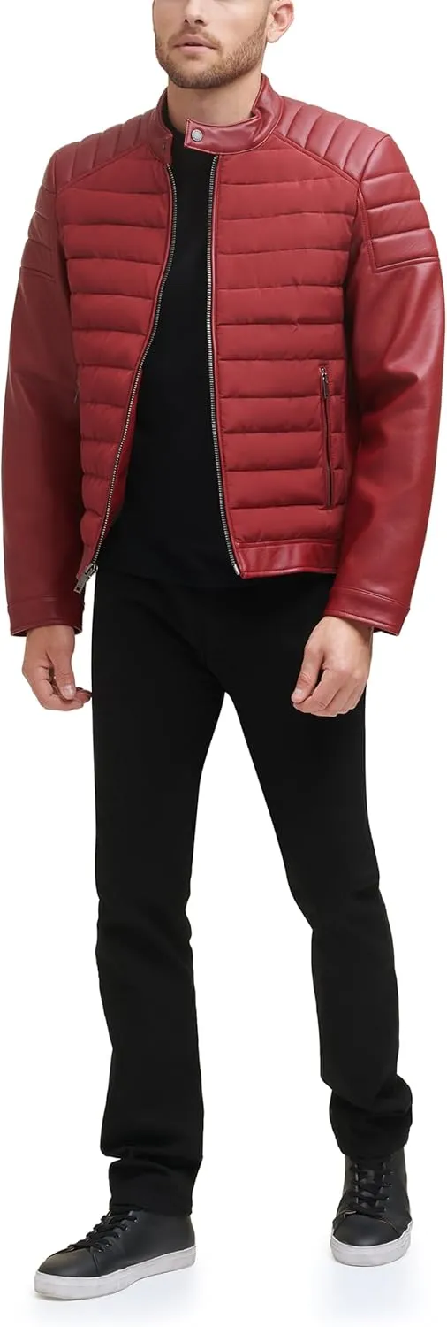 DKNY Men's Mixed Media Faux Leather Puffer Motocros Racer Jacket