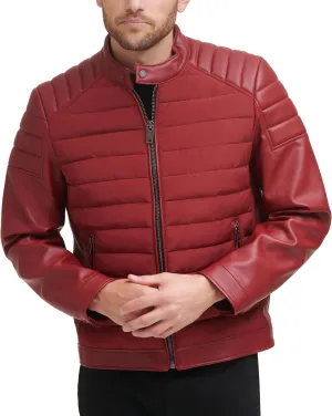 DKNY Men's Mixed Media Faux Leather Puffer Motocros Racer Jacket