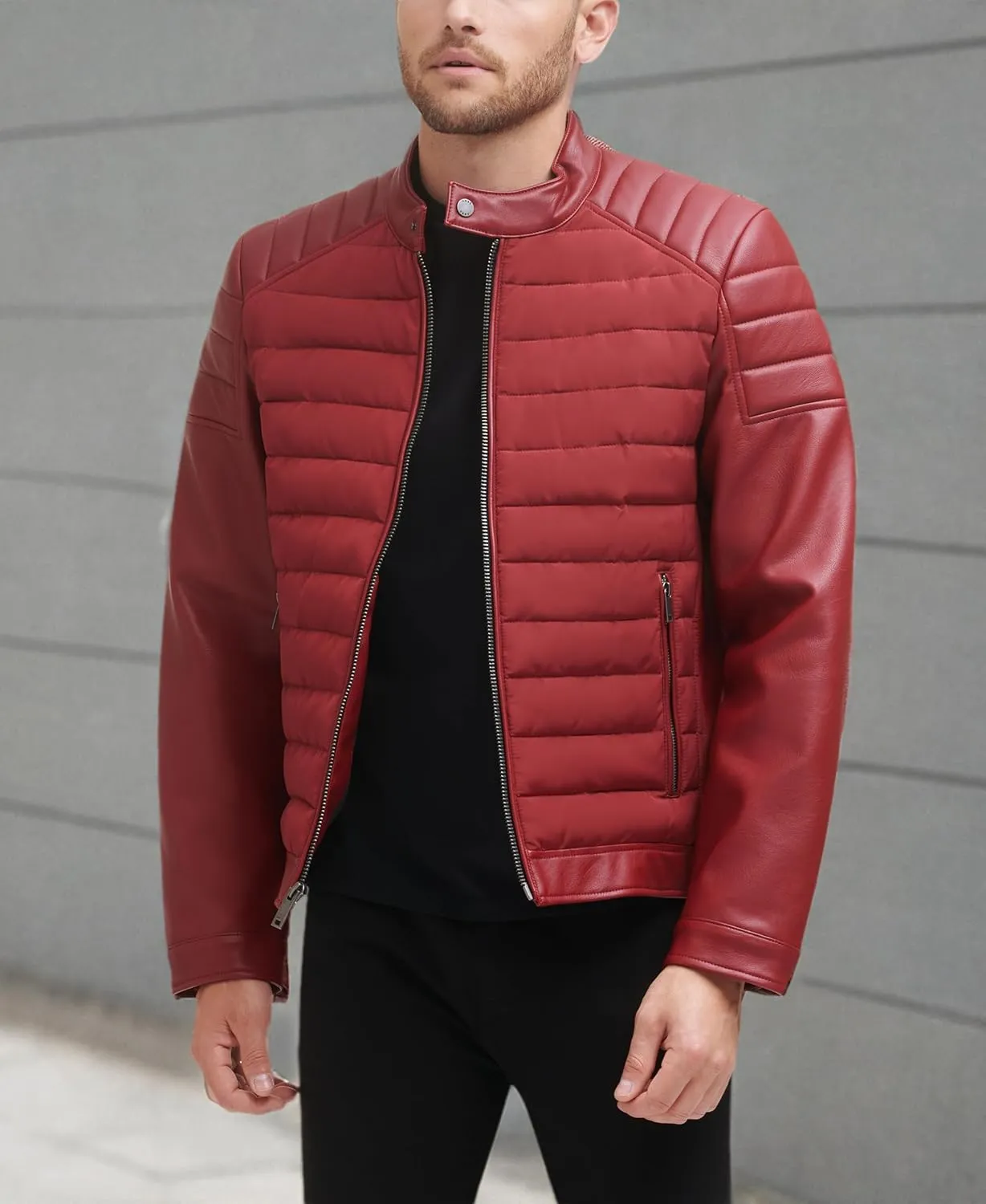 DKNY Men's Mixed Media Faux Leather Puffer Motocros Racer Jacket