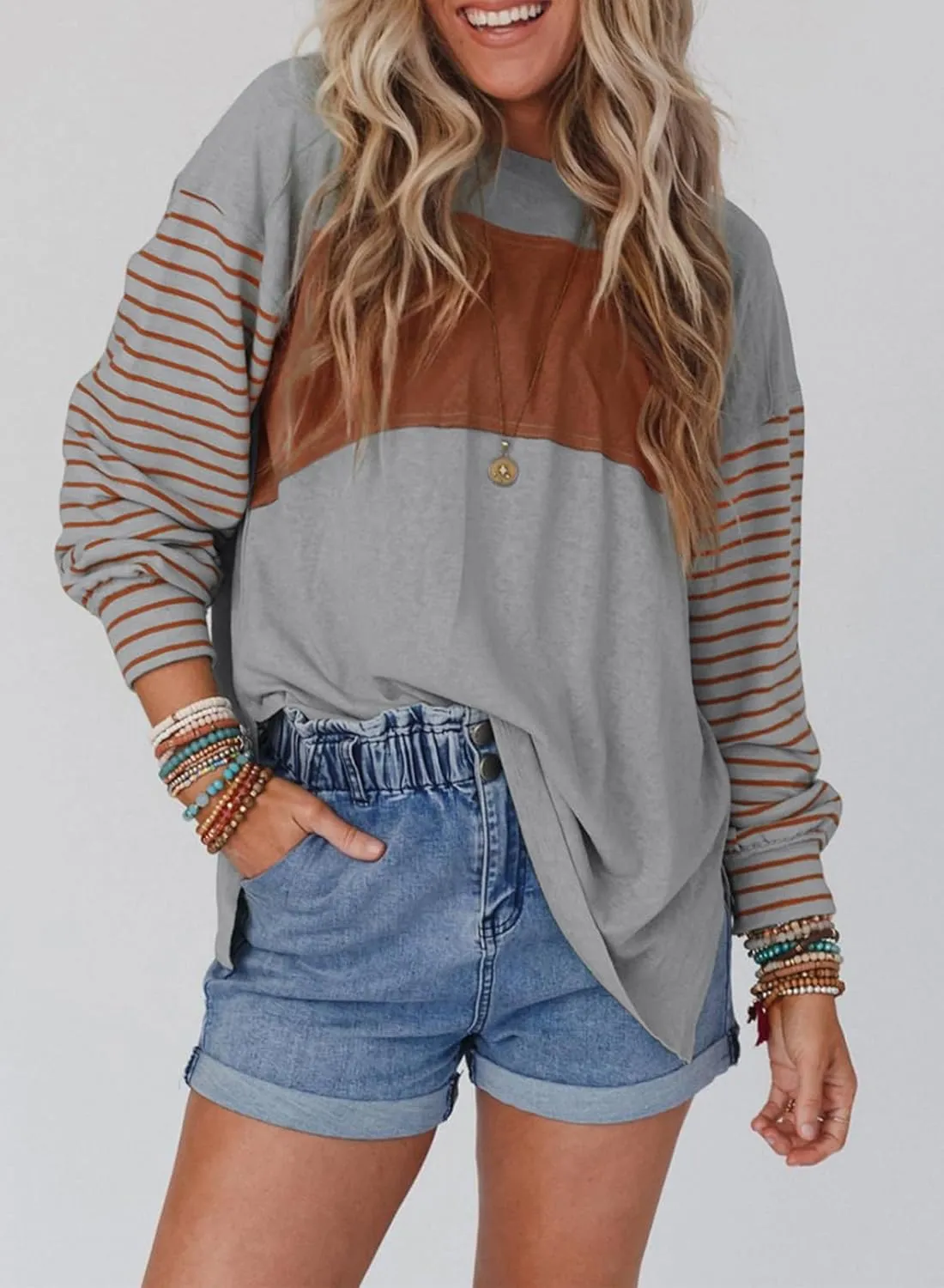 Dokotoo Long Sleeve Spring Tops Oversized 2025 Trendy Round Crew Neck Casual Color Block Womens Shirts Blouses