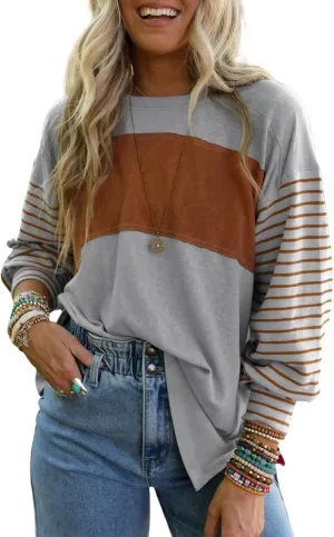 Dokotoo Long Sleeve Spring Tops Oversized 2025 Trendy Round Crew Neck Casual Color Block Womens Shirts Blouses