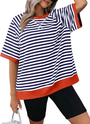 Dokotoo Oversized T Shirts for Women Striped Color Block Crewneck Short Sleeve Casual Summer Tops Lightweight Loose Blouses