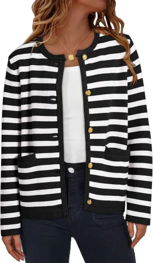 Dokotoo Women's 2025 Fashion Casual Crew Neck Open Front Long Sleeve Chunky Knit Striped Cardigans Sweaters Outerwear Coats