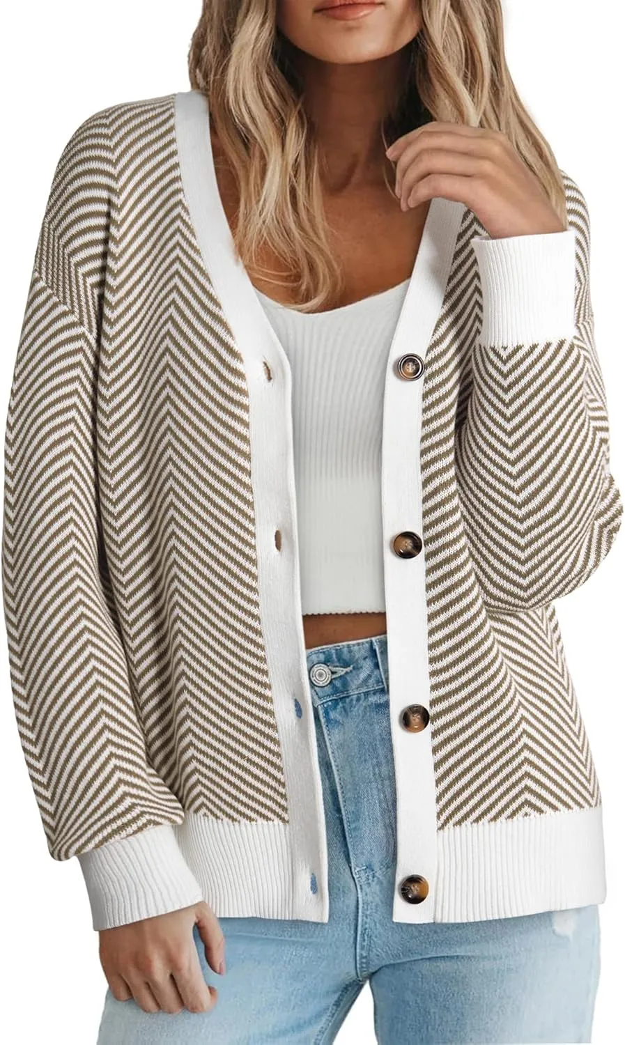 Dokotoo Women's 2025 Fashion Casual Open Front Long Sleeve Chunky Knit Striped Cardigans Sweaters Outerwear Coats