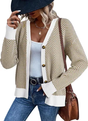 Dokotoo Women's 2025 Fashion Casual Open Front Long Sleeve Chunky Knit Striped Cardigans Sweaters Outerwear Coats