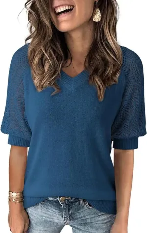 Dokotoo Women's Casual Short Sleeve Loose Crochet Tunic Tops Lightweight Knit Pullover Sweater Blouses