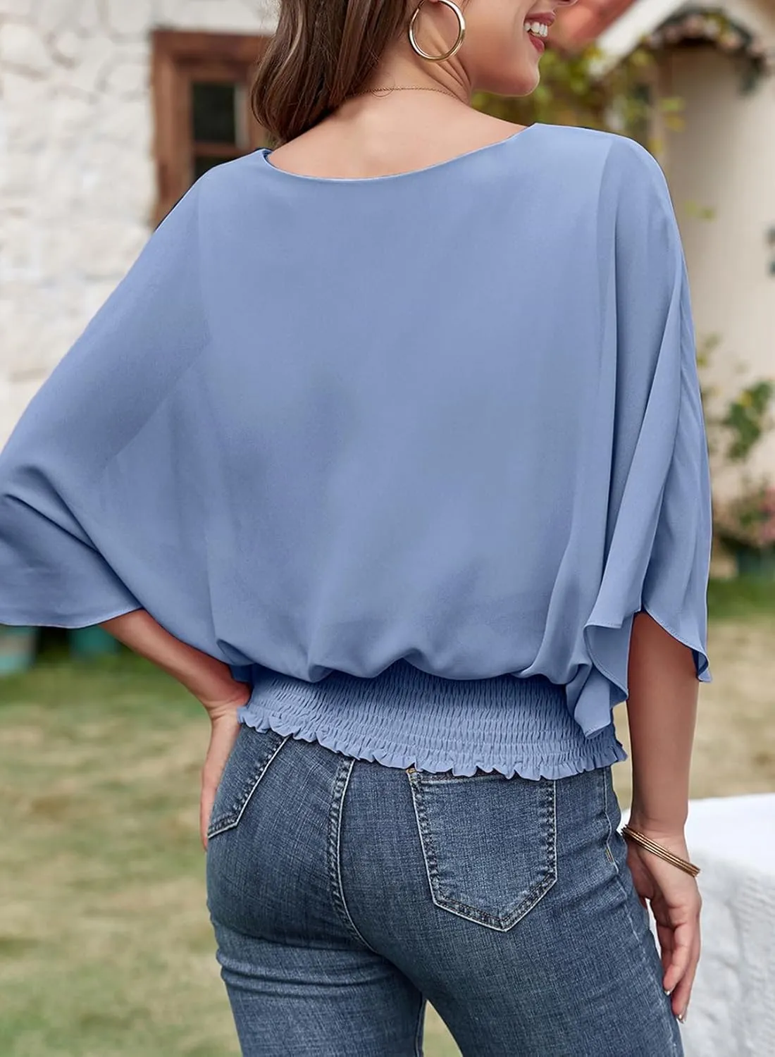 Dokotoo Womens Tops Dressy Casual 3/4 Sleeve Tops Crewneck Business Casual Chiffon Blouses