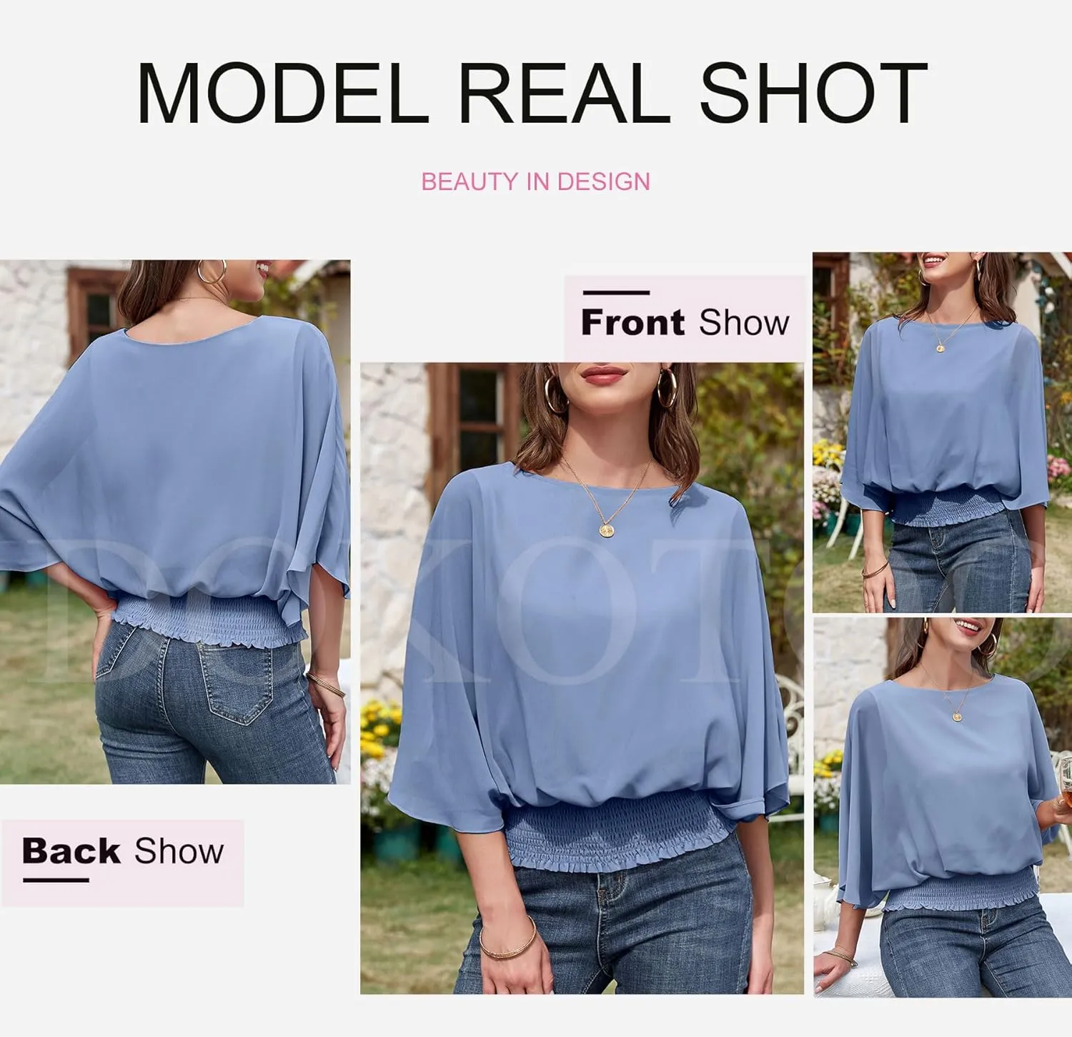 Dokotoo Womens Tops Dressy Casual 3/4 Sleeve Tops Crewneck Business Casual Chiffon Blouses