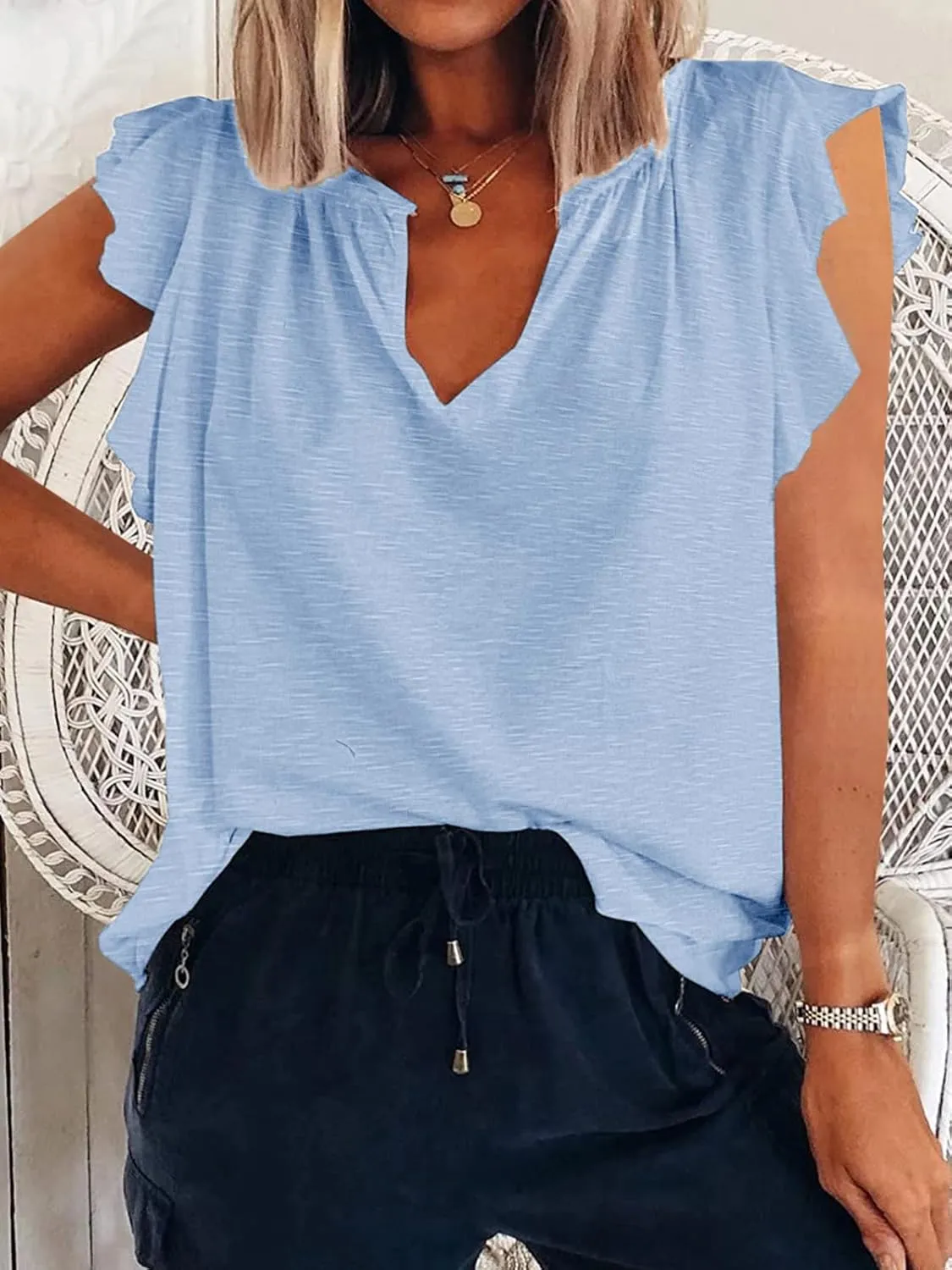 Ebifin Womens Plus Size Tank Tops V Neck Ruffle Sleeve Summer Casual Loose Blouses Tee Shirts