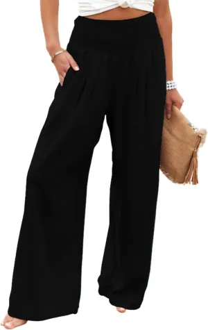 ebossy Women's Cotton Linen Casual Pants Wide Leg High Waist Long Palazzo Trousers with Pockets