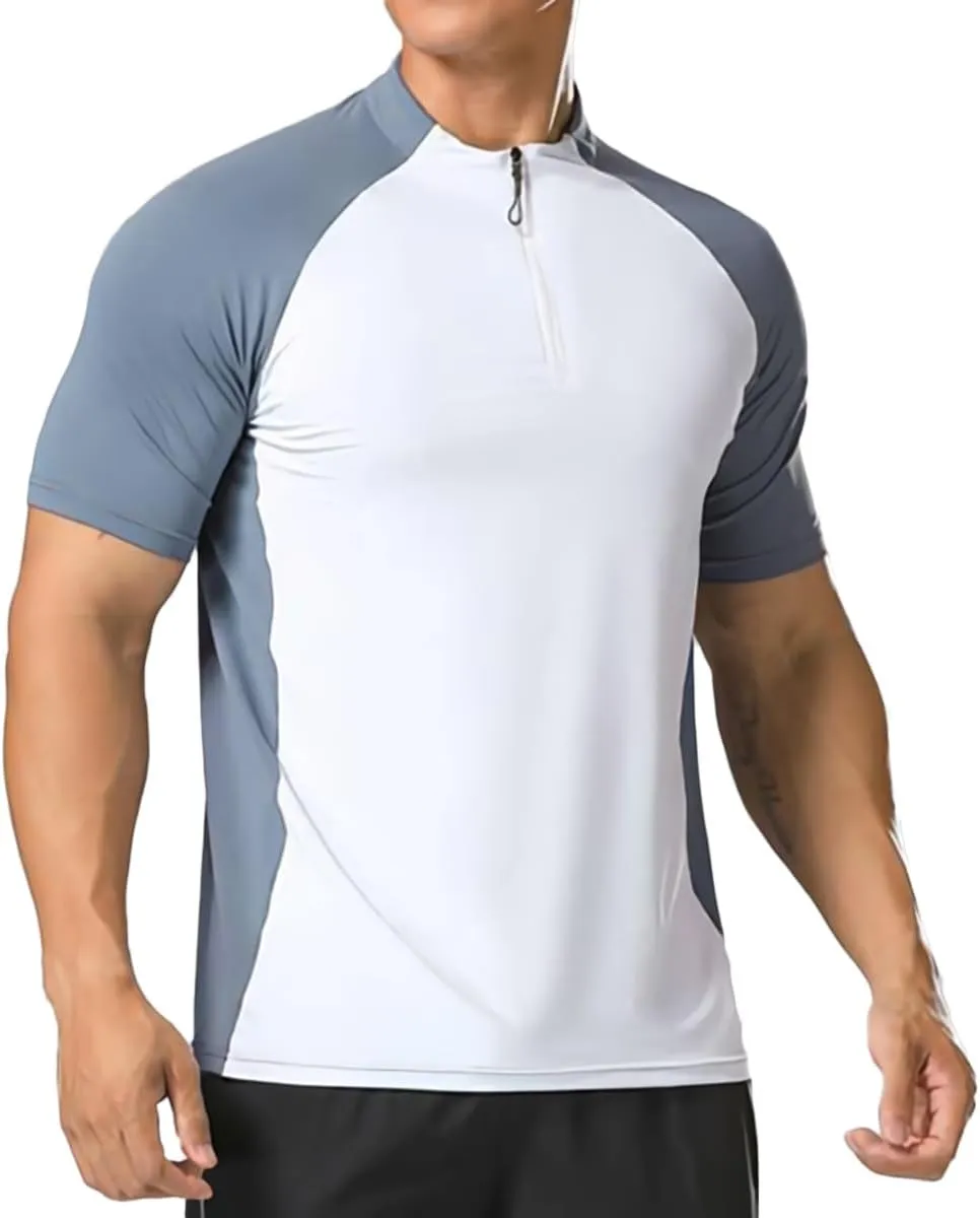 Elastic Workout Gym Muscle Shorts Sleeve Shirts Quick Dry Zipper Cycling T-Shirts for Men T71