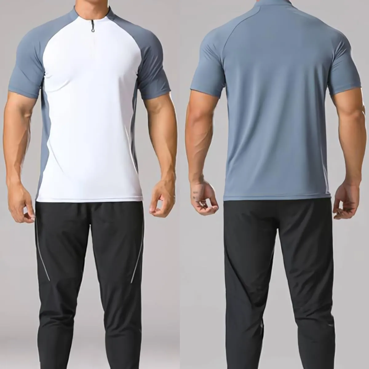 Elastic Workout Gym Muscle Shorts Sleeve Shirts Quick Dry Zipper Cycling T-Shirts for Men T71