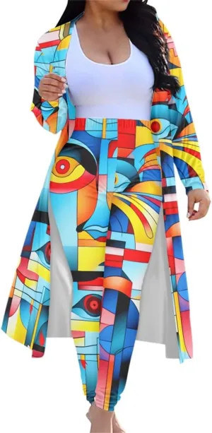 ENLACHIC Women Floral Print Long Sleeve Cardigan Cover up Long Pants 2 Piece Outfits Set