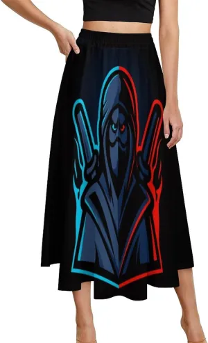 Esthetic Ninja Black Print Midi Skirt High Elastic Waist Pleated Bohemia Mini Club Skirt