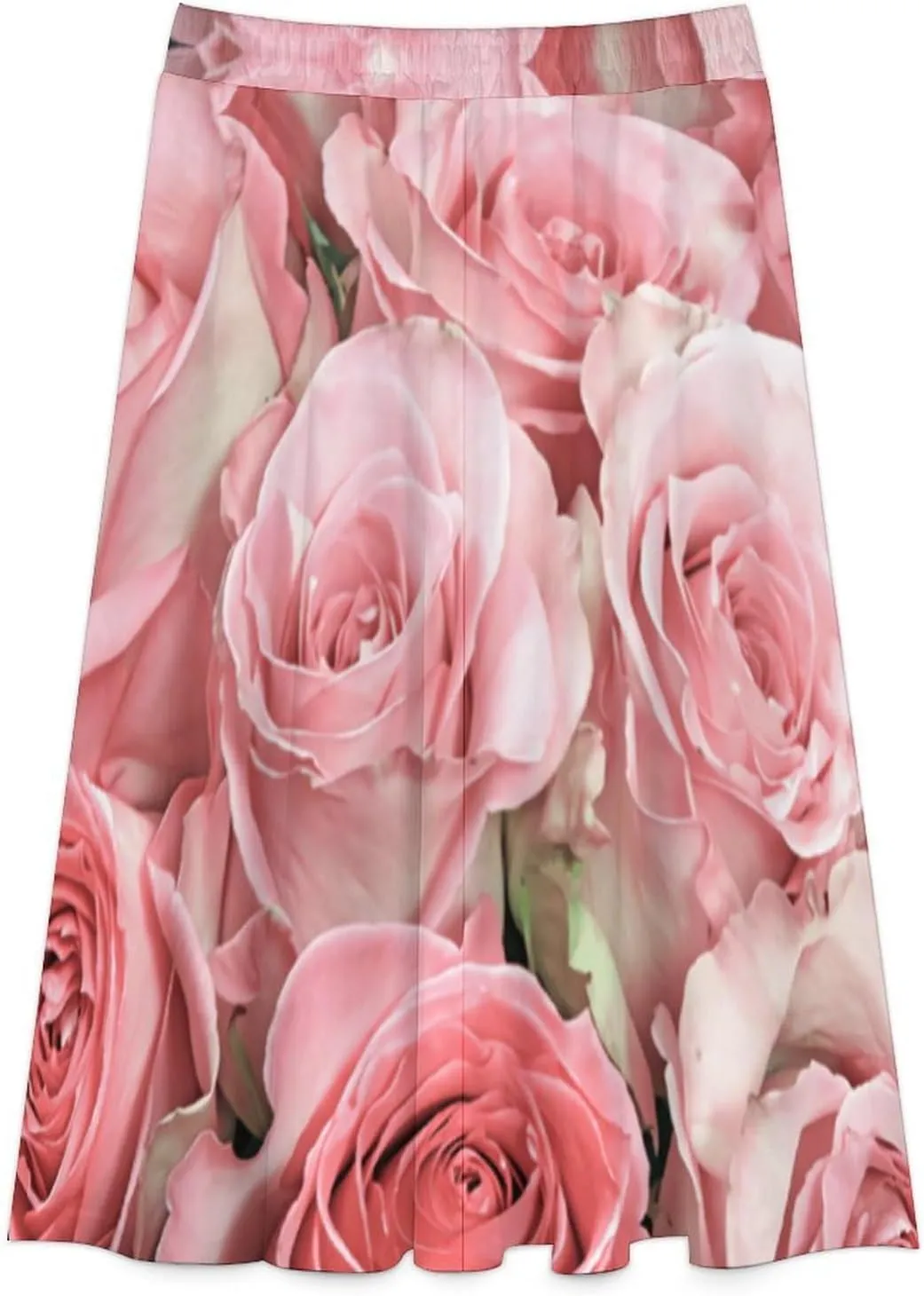 Esthetic Pink Rose Printed Midi Skirts High Elastic Waist Pleated Bohemia Office Skirts