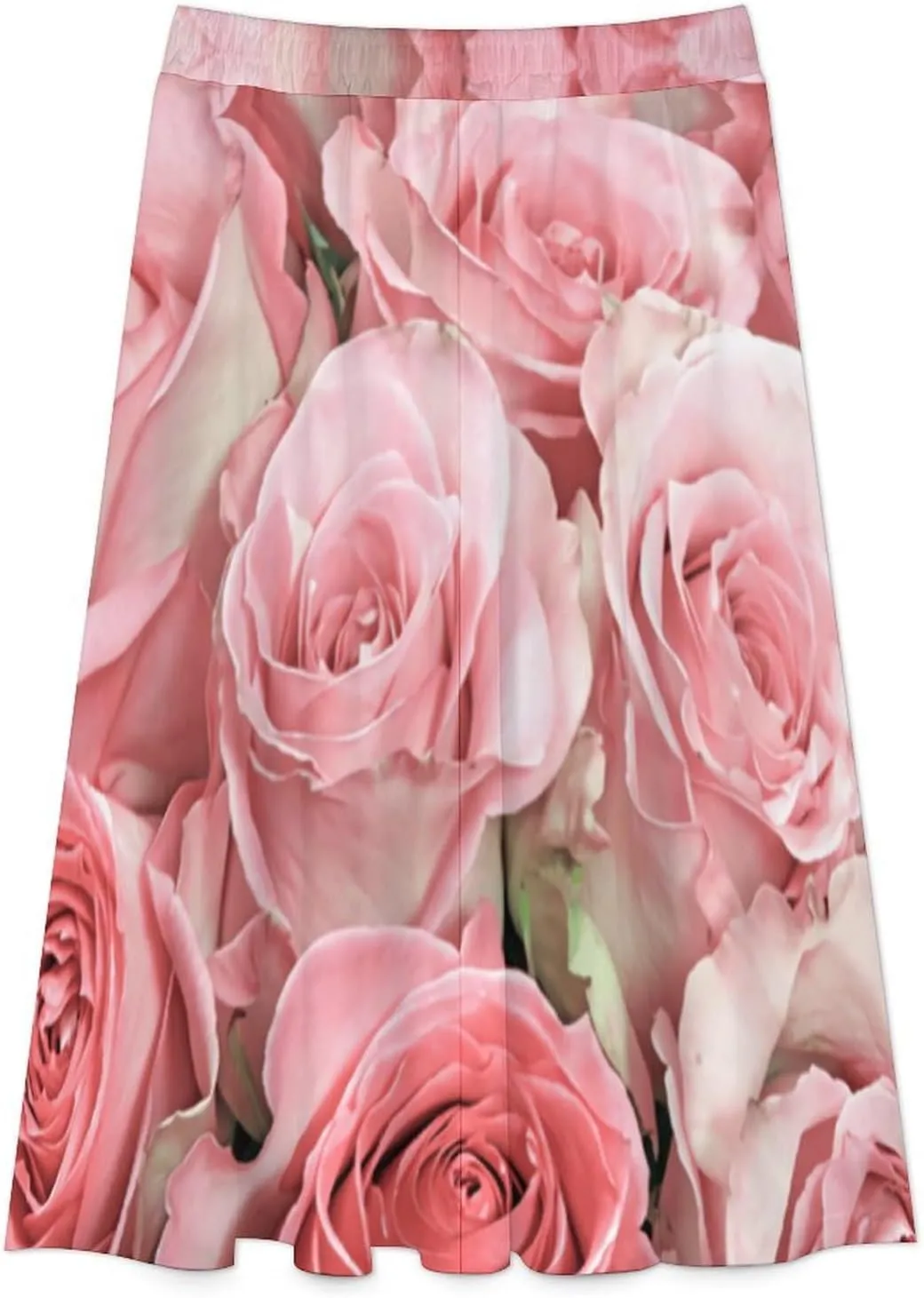 Esthetic Pink Rose Printed Midi Skirts High Elastic Waist Pleated Bohemia Office Skirts