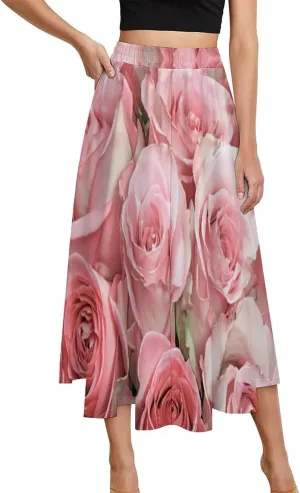 Esthetic Pink Rose Printed Midi Skirts High Elastic Waist Pleated Bohemia Office Skirts