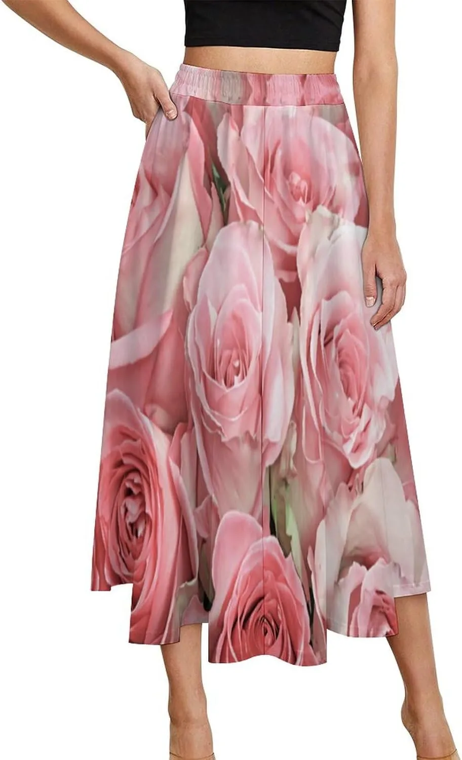 Esthetic Pink Rose Printed Midi Skirts High Elastic Waist Pleated Bohemia Office Skirts