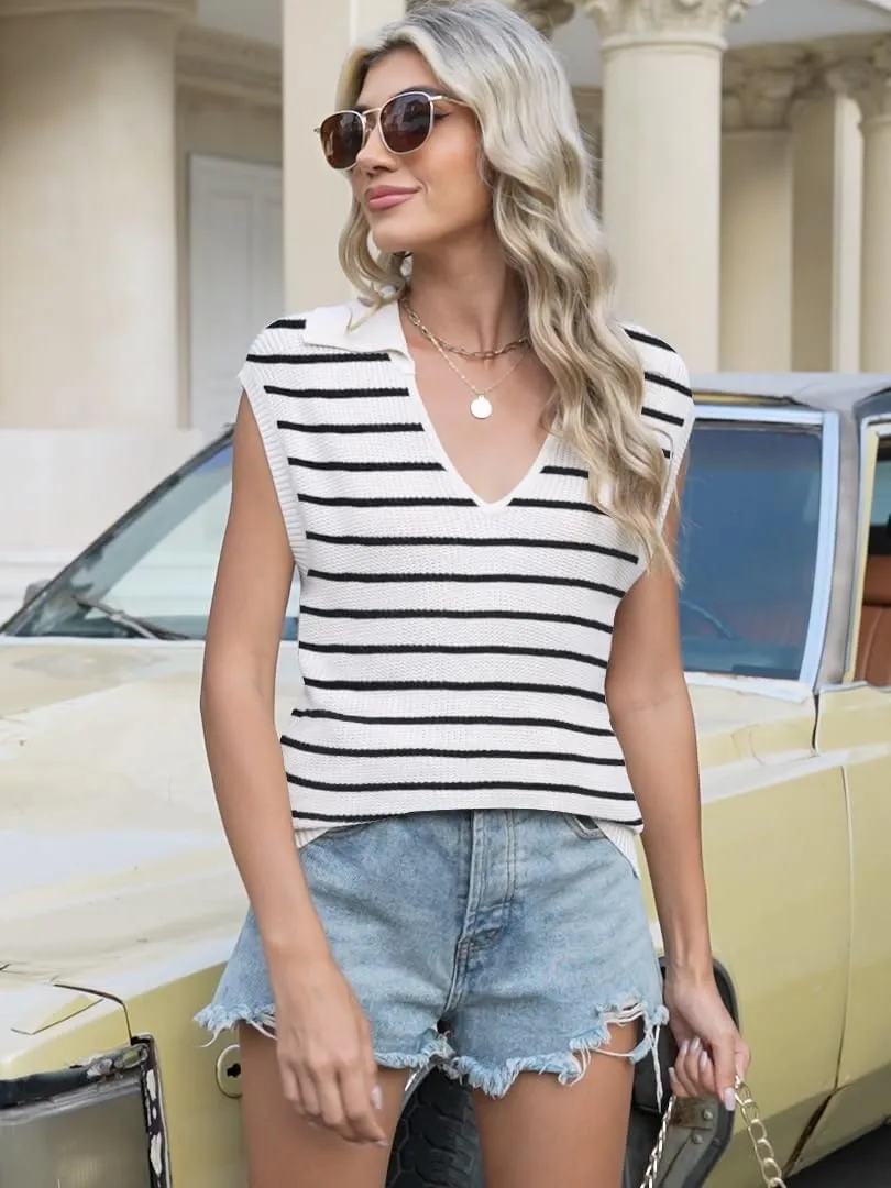 ETCYY Womens Cap Sleeve Sweaters Tops 2025 Striped Sleeveless Vest Color Block Knit Clothes Summer V Neck Short Sleeve Shirts