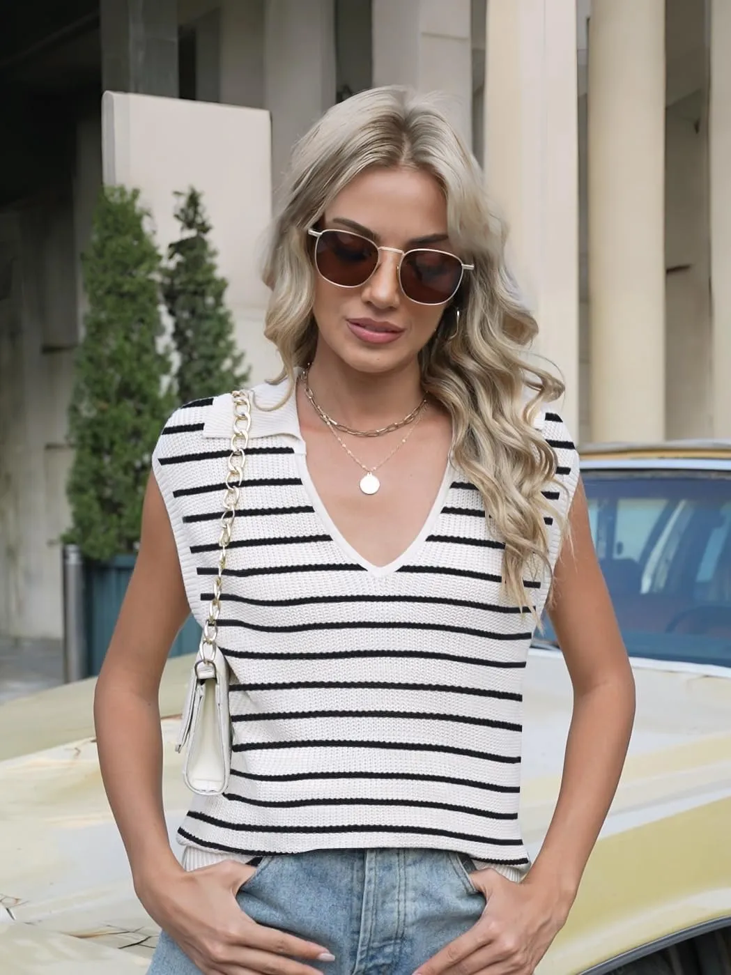 ETCYY Womens Cap Sleeve Sweaters Tops 2025 Striped Sleeveless Vest Color Block Knit Clothes Summer V Neck Short Sleeve Shirts