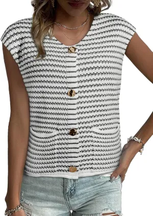 EVALESS Casual Cropped Crochet Cardigan Sweaters for Women Trendy Summer V Neck Sleeveless Sweater Vest Button Up Cardigans