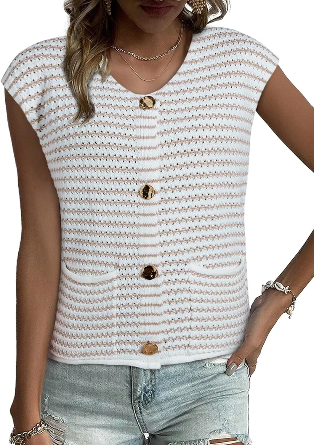 EVALESS Casual Cropped Crochet Cardigan Sweaters for Women Trendy Summer V Neck Sleeveless Sweater Vest Button Up Cardigans