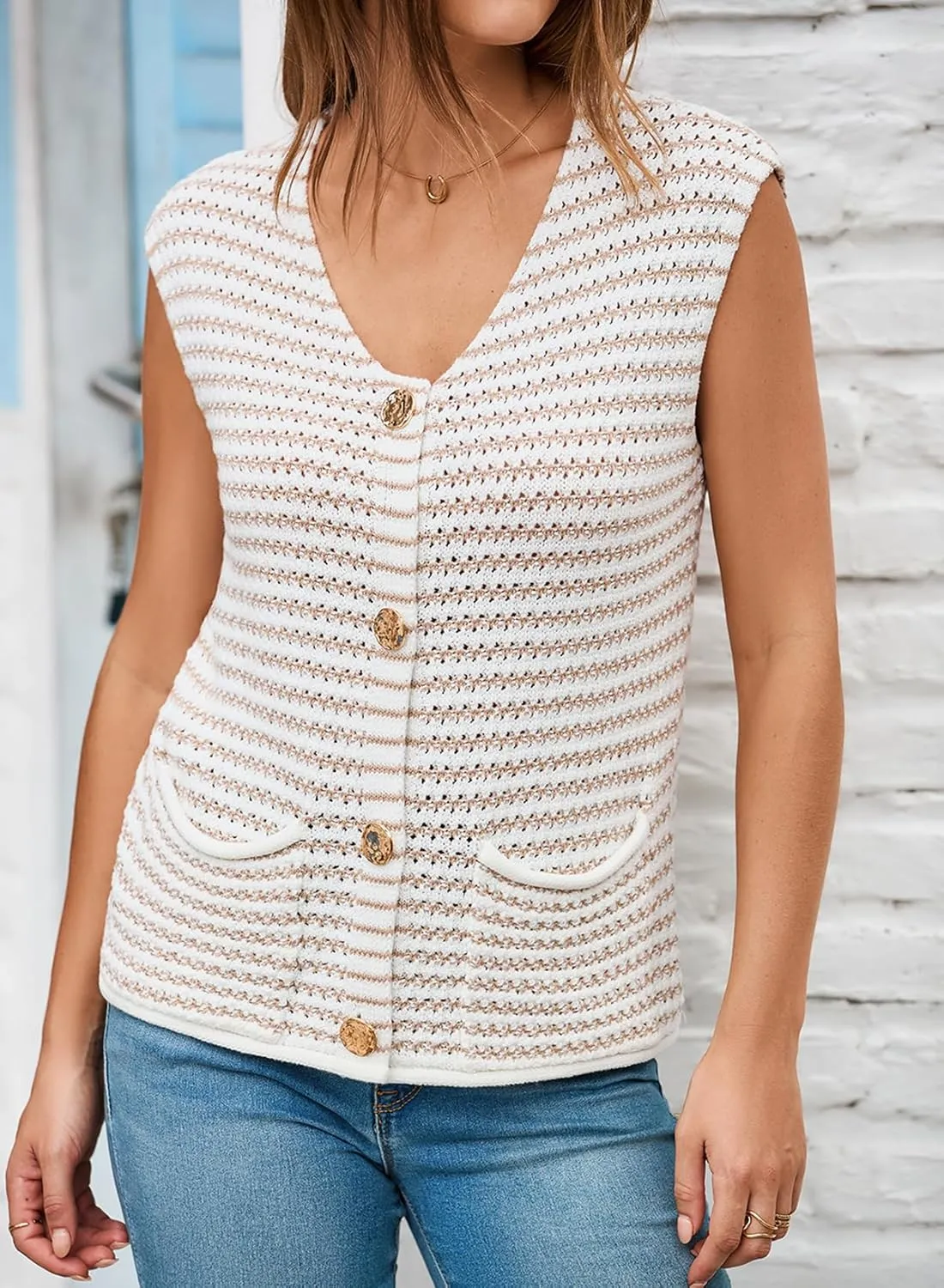 EVALESS Casual Cropped Crochet Cardigan Sweaters for Women Trendy Summer V Neck Sleeveless Sweater Vest Button Up Cardigans