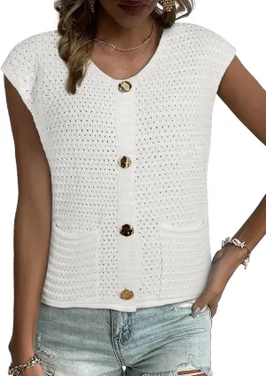 EVALESS Casual Cropped Crochet Cardigan Sweaters for Women Trendy Summer V Neck Sleeveless Sweater Vest Button Up Cardigans